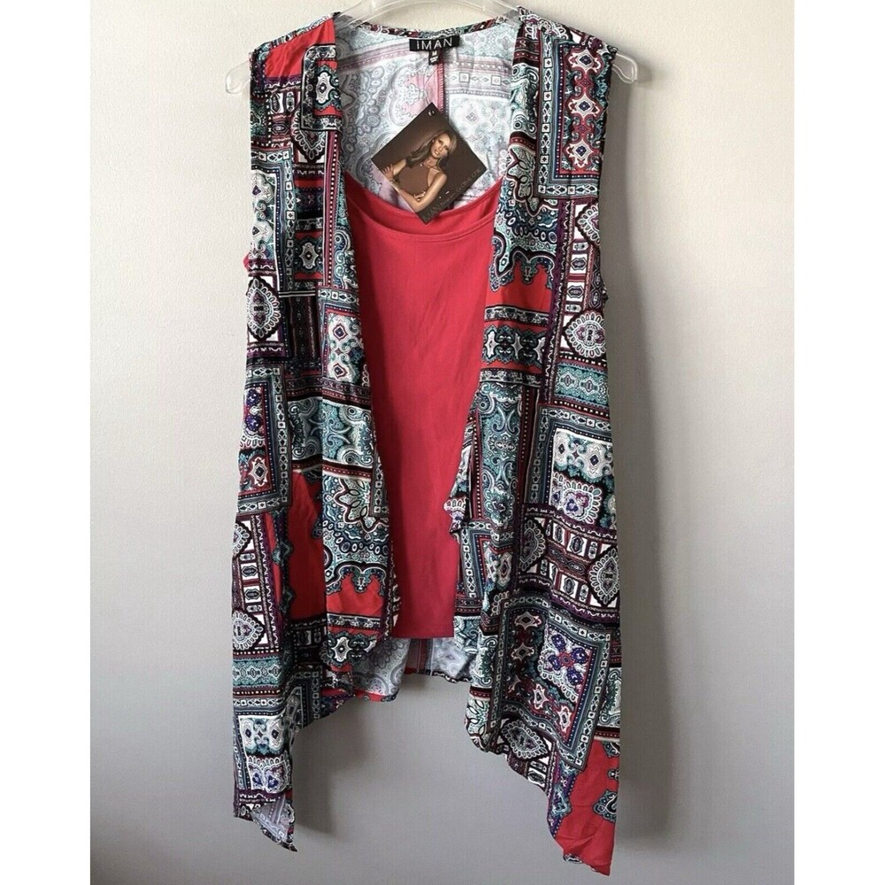 IMAN Womens Sleeveless Paisley Top Vest Attached Tank Red Medium Small NWT A11